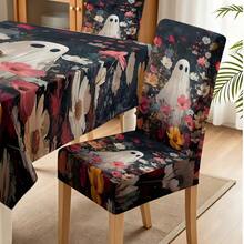 1/4/5/6/7/36pcs Halloween Series Pure White Ghost Pattern Print Chair Covers/Chair Slipcovers Set, Suitable For Indoor Home, Restaurant, Hotel, Ideal Choice For Modern Daily Decoration. Tablecloth Suitable For Square Dining Table, Elastic Chair Covers Are Washable. - Multicolor - View 9