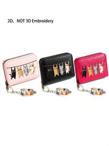 Colorblock Kitten Hanging Ornament, Cute Cat Swinging Print Pattern, Lychee Textured Leather Coin Purse Card Holder, Small Zipper Wallet Mini Storage Bag, Kitten Keychain Accessory, Portable Zipper Card Sleeve Coin Pouch, For Women Girls Teenagers Daily Use, Travel Shopping Dating Office Dorm School Essential, Compact Pocket Wallet Clutch For Cash Cards Coins Keys - Multicolor - View 10