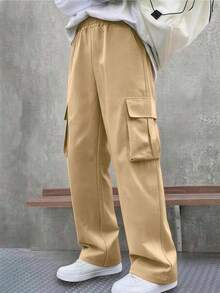 Boys' Street Style Solid Color Wide Leg Cargo Pants, Multi-Pocket Elastic Waist School Uniform Pants - Khaki - View 2