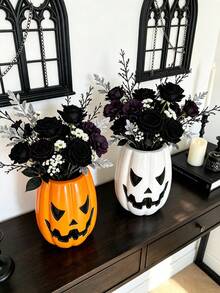 1pc Halloween Gothic Pumpkin Decorative Vase, Scary Face Design Flower Stand, Multi-Functional Desktop Container, Suitable For Vanity And Desktop Decor - Pumpkin - View 4