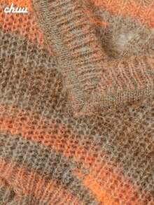 CHUU Colorful Striped Knit Sweater Women Autumn Sweet Cool Distressed Hollow Out Short Loose Top - Orange - View 7