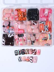 288pcs (12 Mixed Styles) Y2K Style Short Square Leopard Print, Cat Eye, Zebra Stripe, Halo Circle, Cherry, Star, Spade 8, Flower, Polka Dot Design Fake Nail Set, Suitable For Women's Daily Life And Party Use Nails - Multicolor - View 3