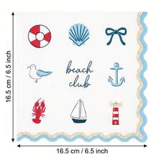 20/40/100 Pcs,Summer Coastal Decorative Scalloped Paper Napkins,2- Ply Beach Club Letter With Lobster,Seashell And Lifebuoy Pattern Disposable Dinner Tissues,Nautical Wave Rim Party Tableware,For BabyShower,Bridal Shower,Wedding Party,6.5*6.5 Inch - Multicolor - View 6