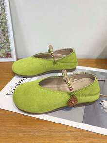Girls' Vintage Shallow-Cut Mary Jane Shoes, Spring/Autumn Soft Sole Hook And Loop Flower Decor Princess Shoes - Green - View 6