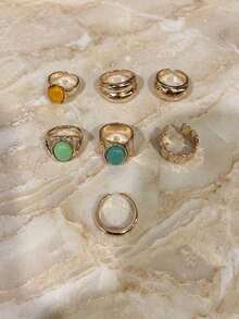 Juego de 7 anillos únicos con incrustaciones, juego de anillos de nudillos con textura martillada asimétrica, adecuado para fiestas, regalos y uso diario - Dorado - Ver 3