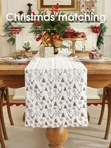 قطعة واحدة من مفرش الطاولة المخملي بنقشة رقائق ذهبية على شكل ندفة ثلج وشجرة عيد الميلاد، مناسب لديكور حفلة عيد الميلاد والعطلات، ديكور طاولة الطعام - أبيض - مشاهدة 18
