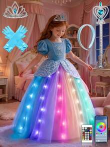 Girls Princess Dress, Syncs With Music, APP Controlled, RGB Light-Up Princess Dress Suitable For Halloween And Christmas Costume Accessories (Battery Not Included) - Blue - View 3