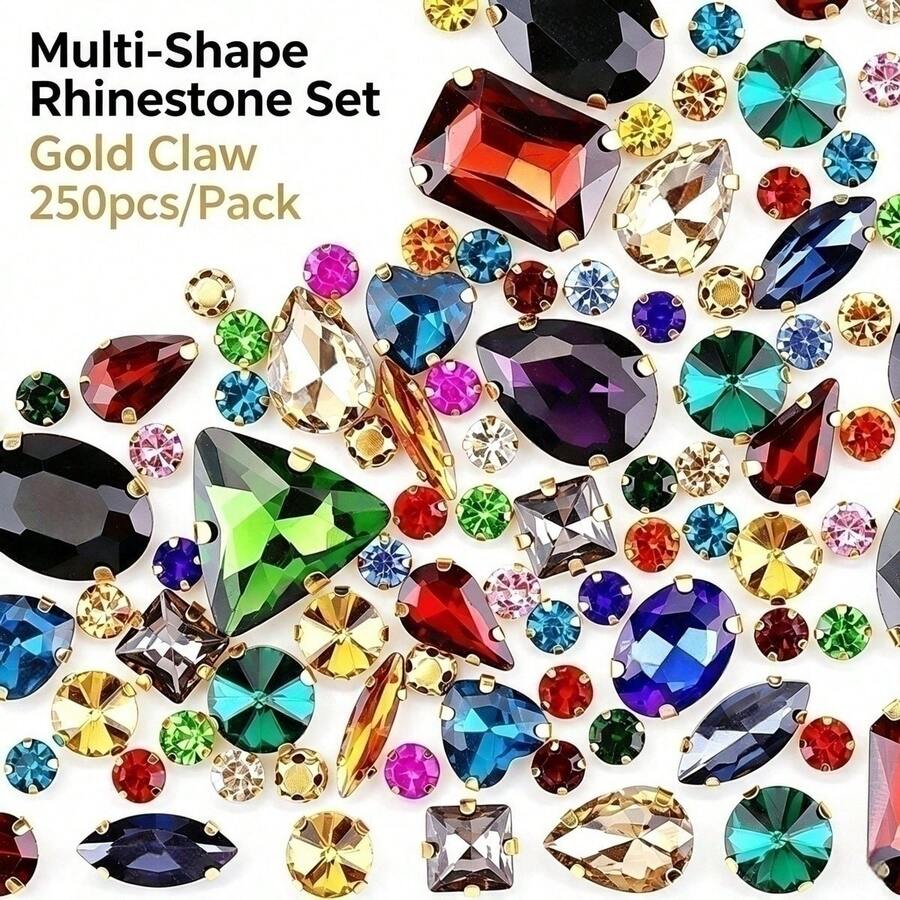 250pcs/Pack, Assorted Shapes, Multi-Color Rhinestones, Colorful Hand-Sewn Crystals, Gold Claw, Clothing, Apparel, Shoes, Hats, Bags DIY Materials, Accessories