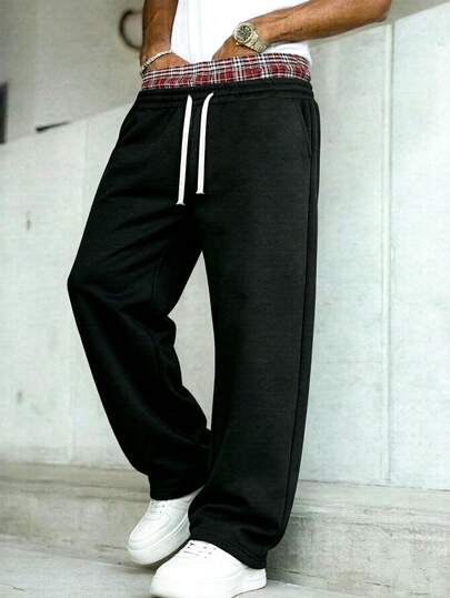 Men's Solid Color Wide Leg Casual Pants, Loose Straight Leg Sports Long Pants With Elastic Drawstring Design, Minimalist Fashionable And Comfortable, Suitable For Home And Daily Wear