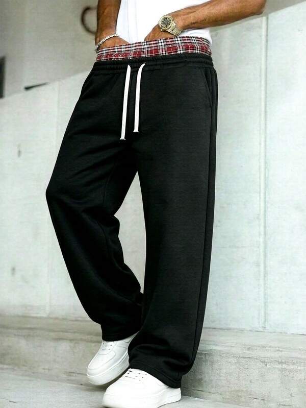 Men's Solid Color Wide Leg Casual Pants, Loose Straight Leg Sports Long Pants With Elastic Drawstring Design, Minimalist Fashionable And Comfortable, Suitable For Home And Daily Wear