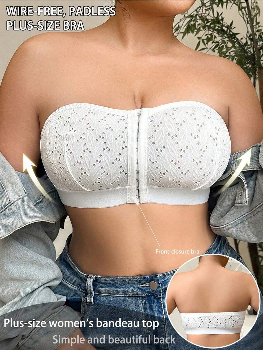 Women's Plus Size Wire-Free Padded-Free Mesh Front Closure Bandeau - White - View 1