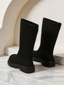 New Kids' Elastic Knit High-Top Long Socks Boots, Solid Color Knit Fabric Soft And Snug Fit On Calves, Loose Round Toe For Toe Protection, Thick Anti-Slip Textured Sole, Simple Black Style, Lightweight And Versatile, Girls' Spring/Autumn Elastic Long Boots For Dresses And Pants - Black - View 4