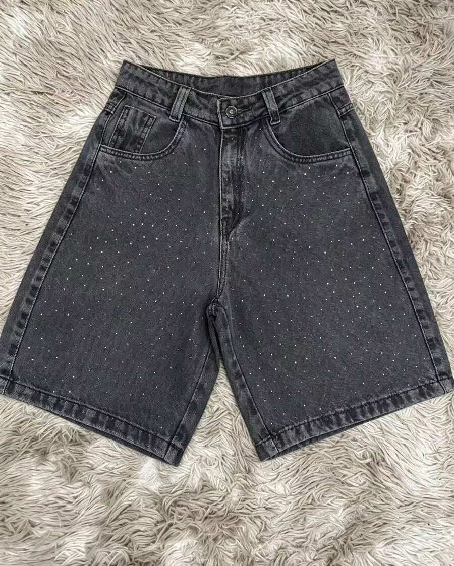 Women's Casual Denim Bermuda Shorts With Rhinestone Details, Button And Zipper Closure, Non-Stretch Fabric For Everyday Wear. - 鉛灰色亮面 - 查看 1