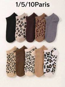1/5/10 Pairs Women's Leopard Print Low-Cut Boat Socks, Retro American Style, Soft & Breathable, Spring/Summer Casual, Comfortable, Christmas Gift - Multicolor - View 8