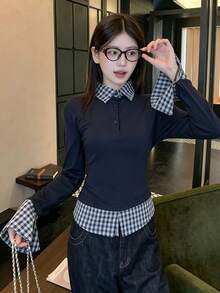 Polo Collar 2 In 1 Base Layer Top For Women, Designed Fashion Slim Fit - Navy Blue - View 2