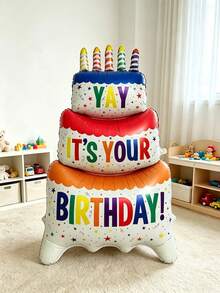 1個大號彩色啞光立式3層生日蛋糕造型鋁箔氣球，Happy Birthday派對裝飾氣球，彩色粉色生日蛋糕派對氣球 - 59吋立式彩色三層蛋糕 - 查看 6