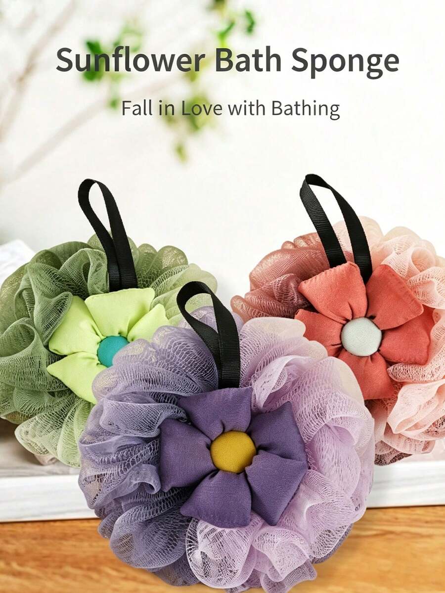 Cute Plaid Flower Bath Sponge, Soft Mesh Shower Ball, Rich Foam Hanging Body Scrubber, Aesthetic Decorative Bath Ball For Bathroom Shower - Multicolor - View 1