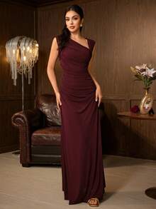 Elegant Women's Burgundy One-Shoulder Ruched Long Formal Dress, Asymmetrical Neckline And Sleeveless Design, Medium Stretch Knit Fabric - Burgundy - View 5
