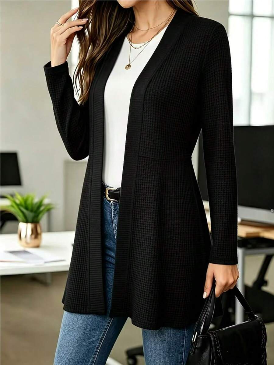 Women's Waffle Texture Cardigan, Cinched Waist Mid-Length Knit Jacket, Long Sleeve Versatile Commuter Outerwear - Black - View 1
