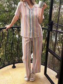 DAZY Women's Striped Patchwork Single-Breasted Short Sleeve Top And Long Pants Casual Loungewear Set - Multicolor - View 5