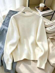 Teen Crew Neck Knit Sweater, Cute Red Cartoon Horse Jacquard Pattern Long Sleeve Loose Pullover, Soft Comfortable White Knit Top Suitable For Autumn Winter Daily Casual Wear - White - View 2