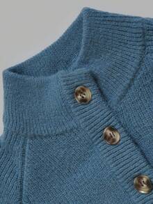 Aflion Sweater Rajut Pendek Wanita Warna Polos dengan Kerah Tinggi Bergaris dan Kancing Setengah, Lengan Mengembang, Atasan Rajut Tebal, Hangat, dan Elastis, Serbaguna untuk Pakaian Sehari-hari Musim Gugur/Dingin - Biru - View 6