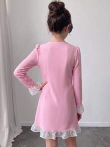 Tween Girls Pink Double-Breasted Colorblock Ruffle Design A-Line Short Dress, Cute Elegant Casual Streetwear School Style, Autumn/Winter - Pink - View 3