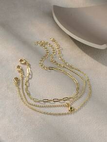 Nooxian 3pcs/Set Classic Daily Copper Zirconia Sun Pendant Ring Buckle Bead Chain Mixed Layered Bracelet Set For Women (Random Number Of Chain Ring Buckles) - Yellow Gold - View 4