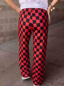 Women's Fashionable Minimalist Checkerboard Print Casual Pants, Personalized Niche Loose Wide Leg Pants Suitable For Work, Commute, Office, Travel, Party, School, Home, Daily Wear, Versatile - Red - View 3