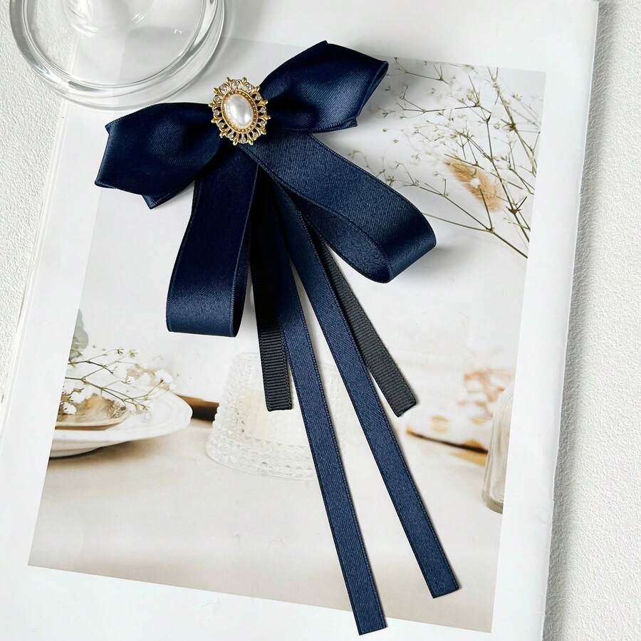 1pc Women's Elegant Exquisite Preppy Style Crystal Decorated Accessory, Solid Color Bowknot Ribbon Brooch, Can Be Worn On Shirts, Dresses, Backpacks, Commuting Outfits, Banquet Parties, Holiday Gift - Blue - View 1