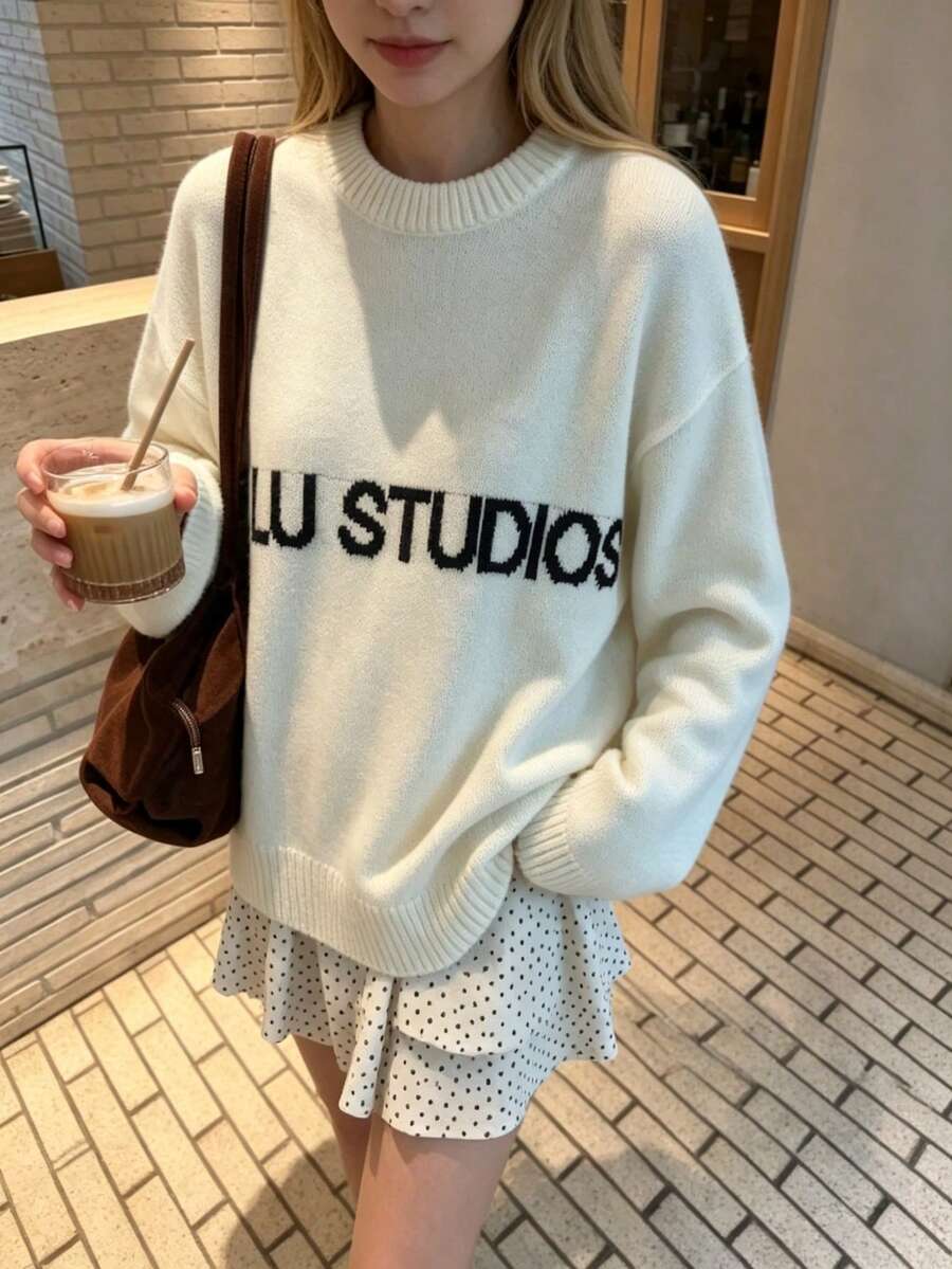Women's Plus Size Round Neck Letter Jacquard Knit Sweater, Drop Shoulder Long Sleeve Loose Casual Pullover - Black and White - View 1