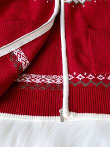 Girls' Preppy Floral Pattern Knit Cardigan With Pockets, Hooded Long Sleeve Sweater, Suitable For Daily School Wear In Spring, Autumn And Winter - Red - View 9