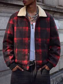 MAISONFOX 男士格紋單排扣長袖大衣，休閒翻領保暖內裡夾克，適合秋冬穿著 - 紅色 - 查看 5