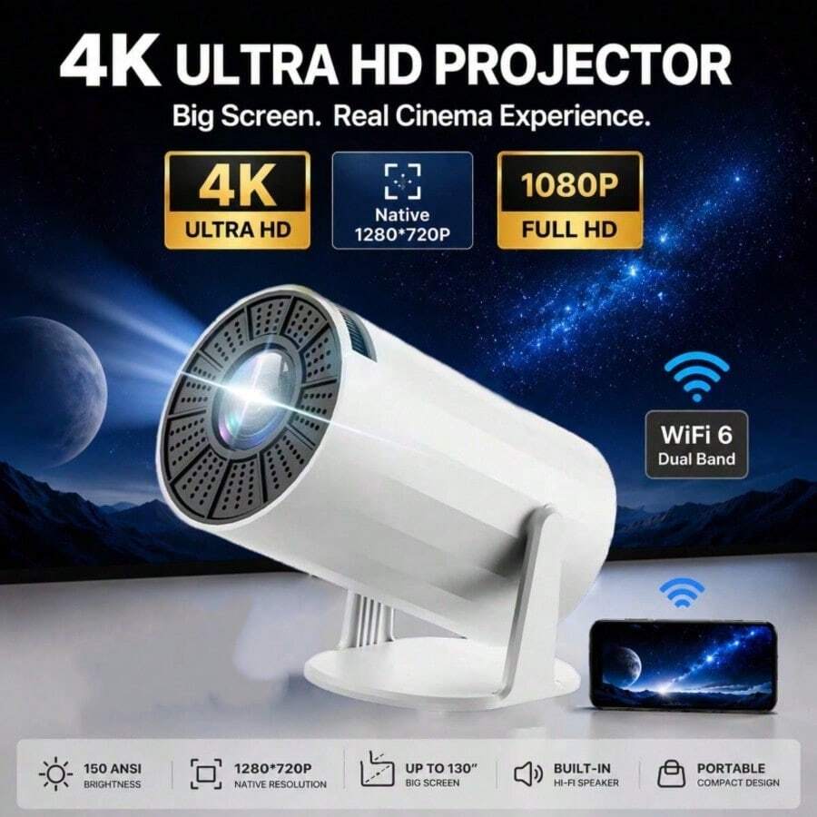 Smart Mini Projector, 1280*720P Native Support 4K Android 11, Equipped With Bluetooth 5.0 And Dual-Band WiFi 6, 300 ANSI Allwinner H713 Chip, Portable Outdoor Home Theater, Includes Screen And Remote Control, Suitable For Movie Night, Home And Office Use - EU C Type Plug(220-240V) - View 1