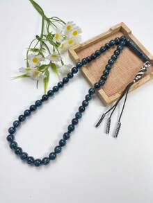 1pc 51-Bead Muslim Prayer Beads, Dark Green Patterned Round Beads Tasbih, Handmade Woven Hanging Rope With Tassel, Handheld Prayer Beads - Multicolor - View 2