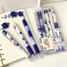 16-Pack Vintage Blue Rose Retractable Erasable Pen Set - Smooth Writing, Medium-Sized Nib, Black Ink, Ergonomically Designed, Suitable For Back-To-School Season, School Supplies, Office And Daily Use (6 Pens + 10 Refills) - Multicolor - View 2