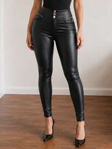 ApperlothPOP Street Style Slim Fit Tight Leggings Butt-Lifting PU Leather Three-Button Zipper Pocket Slim Pants Biker Style Daily Autumn/Winter Outfit - Black - View 2