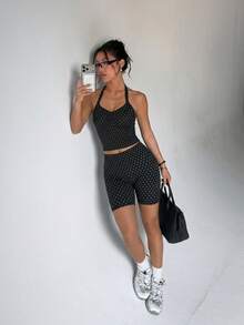 Spaghetti Strap V-Neck Ruched Bust Cropped Camisole & High-Waisted Ruched Butt-Lifting Cycling Shorts, Soft Elastic Slim Fit Set, Suitable For Daily Fitness And Outings - Black and White - View 3