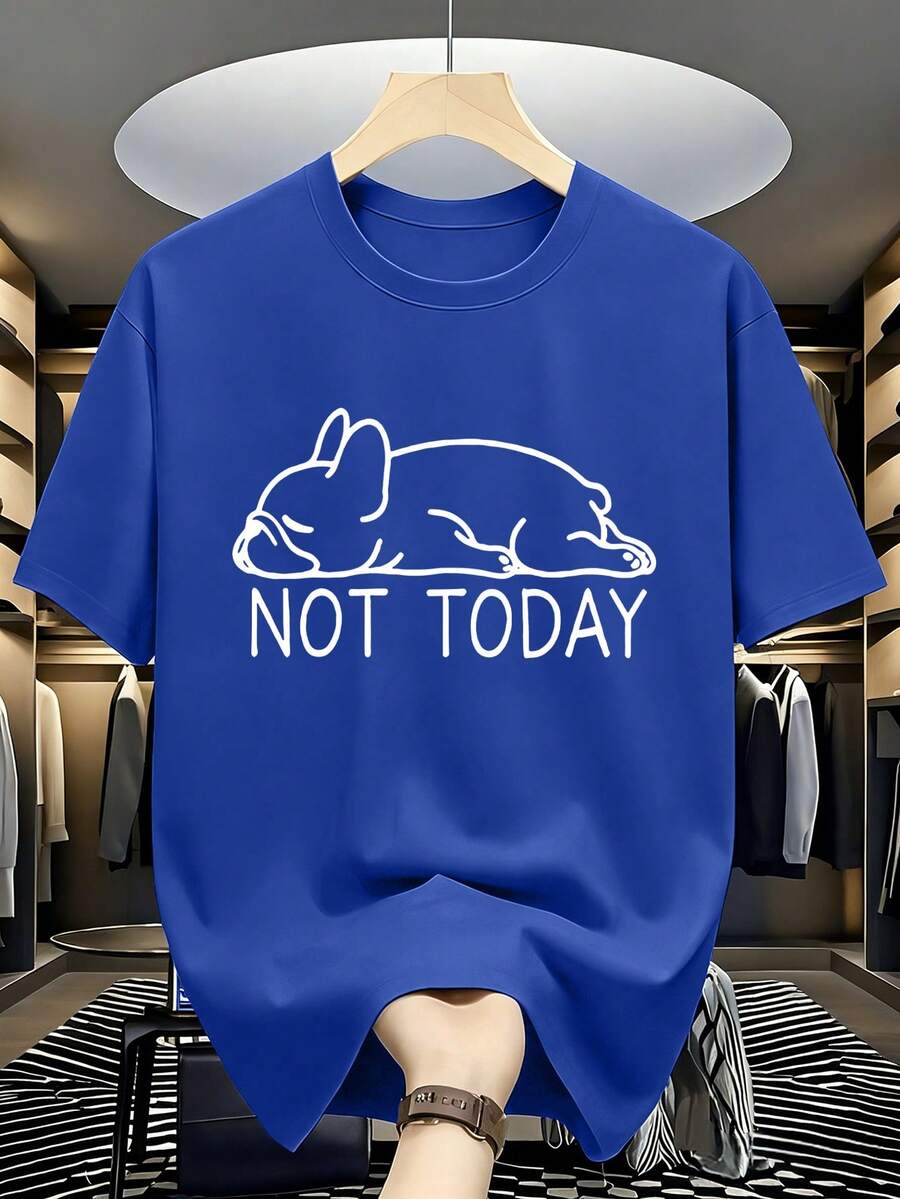 夏季休閒百搭「NOT TODAY」懶狗印花圓領短袖T恤 - 藍色 - 查看 1