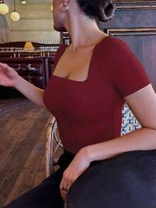 Casual Elegant Versatile Short Sleeve Boat Neck Top, Suitable For Daily Wear, Commuting, Going Out, Spring & Summer Red - Red - View 3