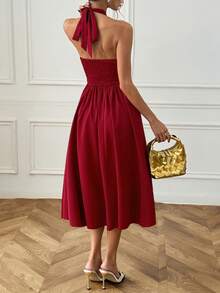 Women's Elegant Solid Color Backless Halter Mid-Length Dress, Elegant Autumn Party Outfit - Red - View 2