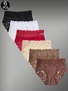 6pcs Women's High Waist Seamless Lace Triangle Panties - Multicolor - View 5