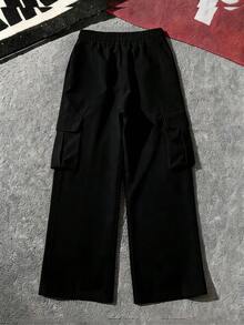 2pcs/Set Street Style Boys Solid Color Wide Leg Cargo Pants, Multi-Pocket Elastic Waist School Uniform Long Pants - Multicolor - View 8