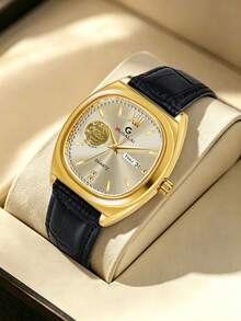 GUSALAI Men's Barrel-Shaped PU Leather Watch With Rhinestone Roman Dial, Dual Calendar, Vintage Quartz Wristwatch For Daily Wear And Holiday Gift - one-size - View 12
