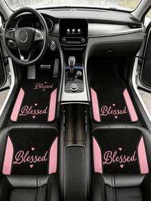 4Pcs Polyester Car Floor Mats, Pink And Black Two-Tone Design Auto Carpets, Warm Letter Pattern Wear-Resistant Interior Accessories For Most Cars - A - View 2