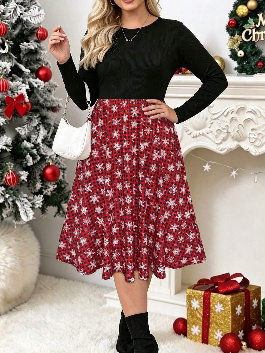 Plus Size Christmas Mid-Length Dress, Round Neck Long Sleeve Ribbed Patchwork A-Line Skirt, Buffalo Plaid Snowflake Print, Holiday Party Outfit For Curvy Figures - Multicolor - View 1