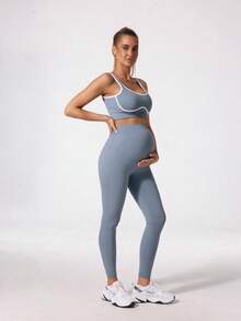 Maternity Seamless High Waist Stretch Solid Color Leggings, Suitable For Casual Daily Wear Spring - Grey - View 3