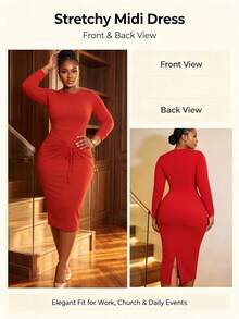 NOU Women's Mid-Length Basic Round Neck Fitted Long Sleeve Dress With Double Layer Cuffs, Ruched Drawstring Detail At Hips, Slim Waist And Bodycon Pencil Skirt Silhouette To Highlight S-Curve Figure - Red - View 7
