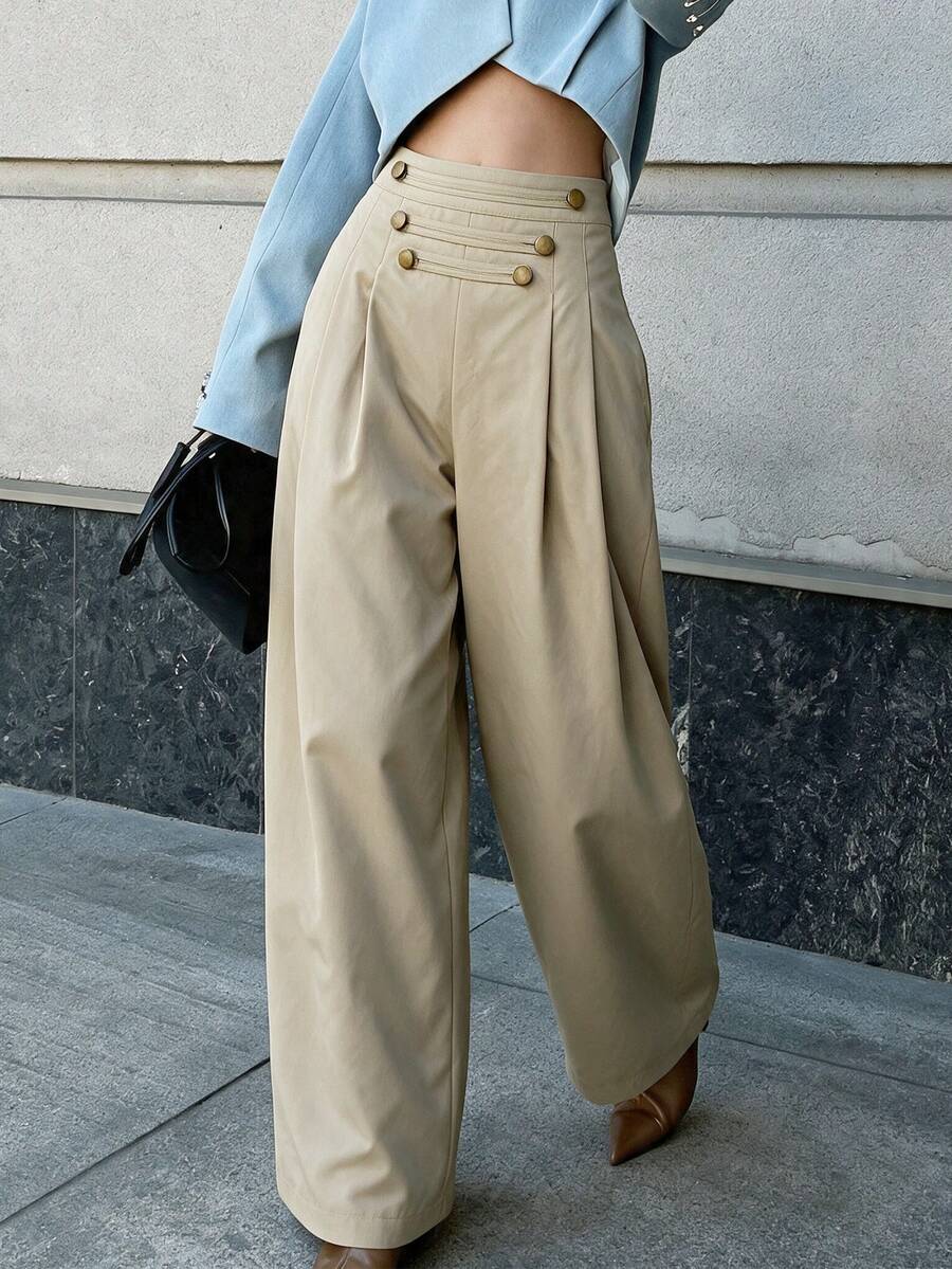 Women's Khaki Gold Button Wide Leg Pants, Autumn Long Woven Non-Stretch Loose Fit Trousers - Apricot - View 1
