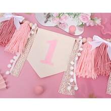 Bohemian Style Pink Theme Birthday Party Decoration Set, First Birthday Pink Lace Bow Tassel Banner, First Birthday Pink Bow Pom Pom Cone Hat, Suitable For Birthday Party - Multiple Styles - View 6